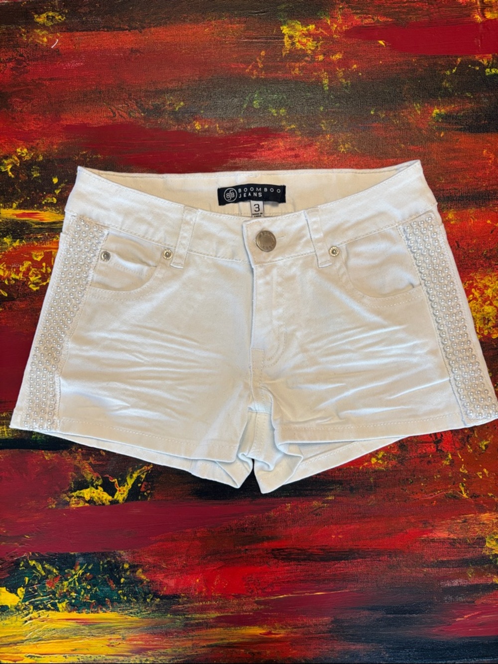 Boom Boom Jeans White Denim Shorts with Side Faux Pearl Trim